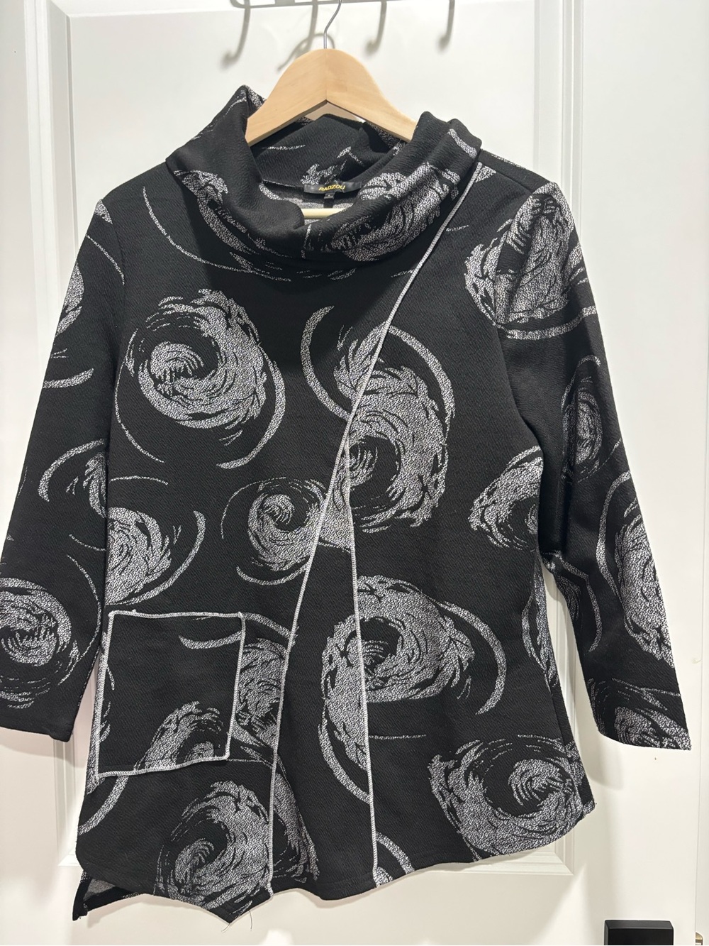Radzoli Black Tunic with Gray Swirl Cowl Neck